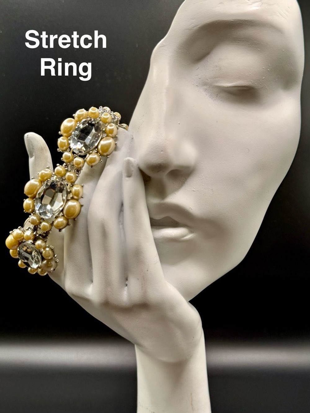Stretch Cocktail Ring with Yellow Pearls and Clear Stones